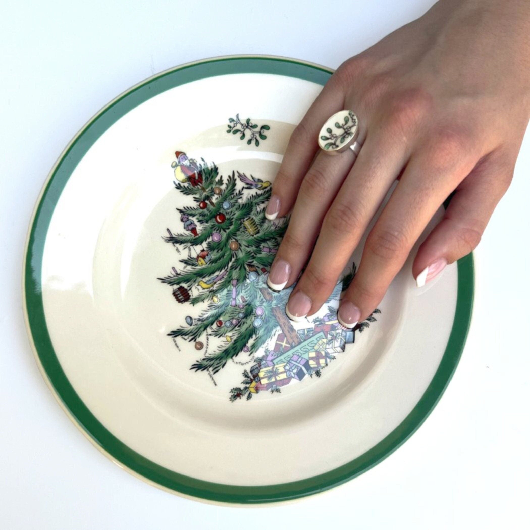 Mistletoe China Ring handmade with Spode Christmas Tree China & Sterling Silver Adjustable Ring, Broken China Jewelry Christmas Gift for Her