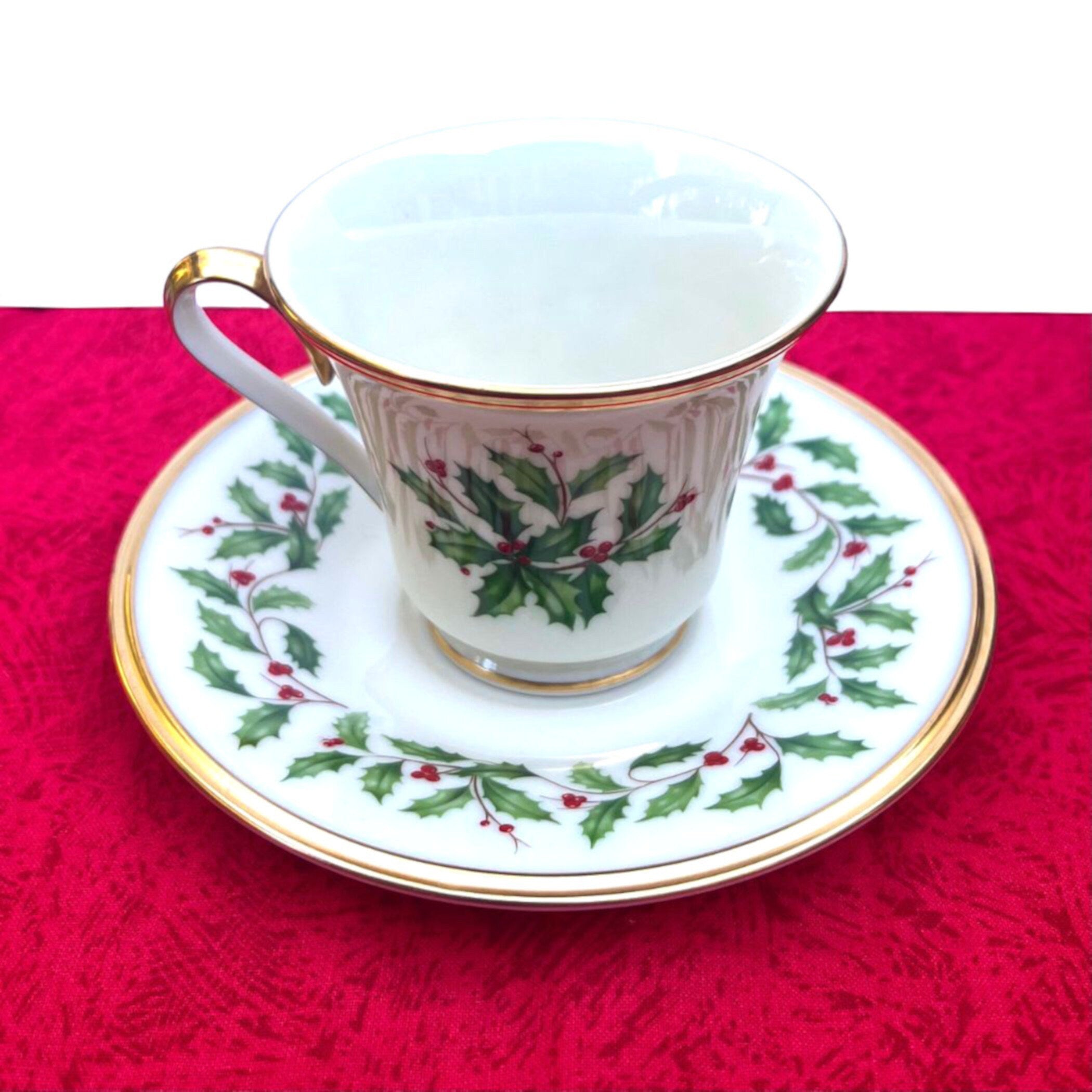 Vintage Lenox Holiday China Tea Cup and Saucer with Christmas Broken China Jewelry, Unique Holiday Tea Set for One, Festive Xmas Gift