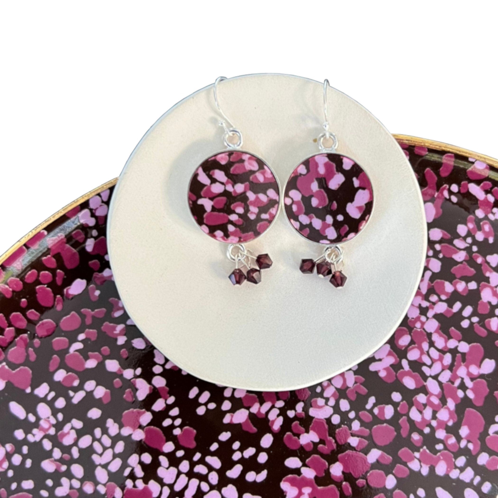 Upcycled Porcelain Dangly Earrings handmade from an Anthropologie Plate with Jewel Tone Polka Dots, Autumn China Jewelry Gift for Women