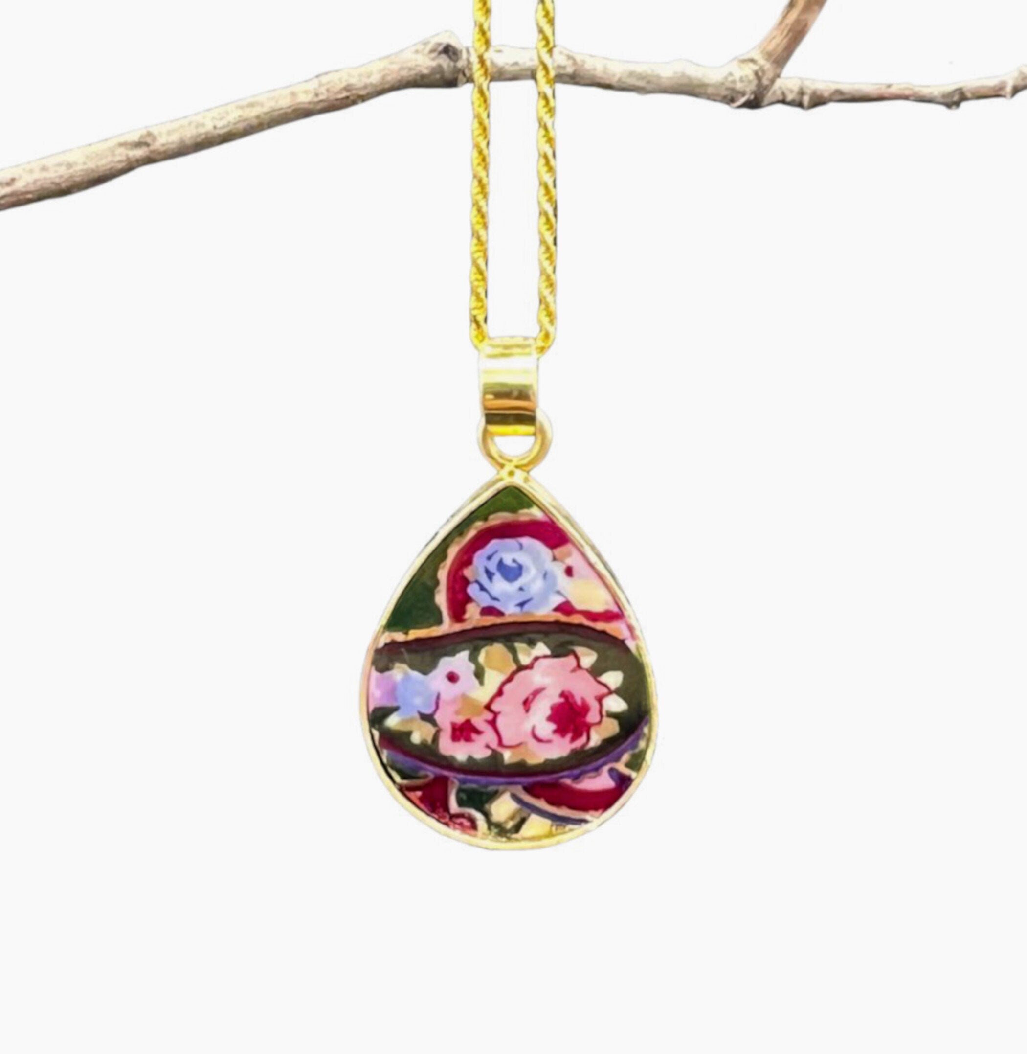 Stunning Rose Floral Paisley China Necklace with Upcycled Porcelain Teardrop Pendant, Elegant Broken China Jewelry China Gift for Women