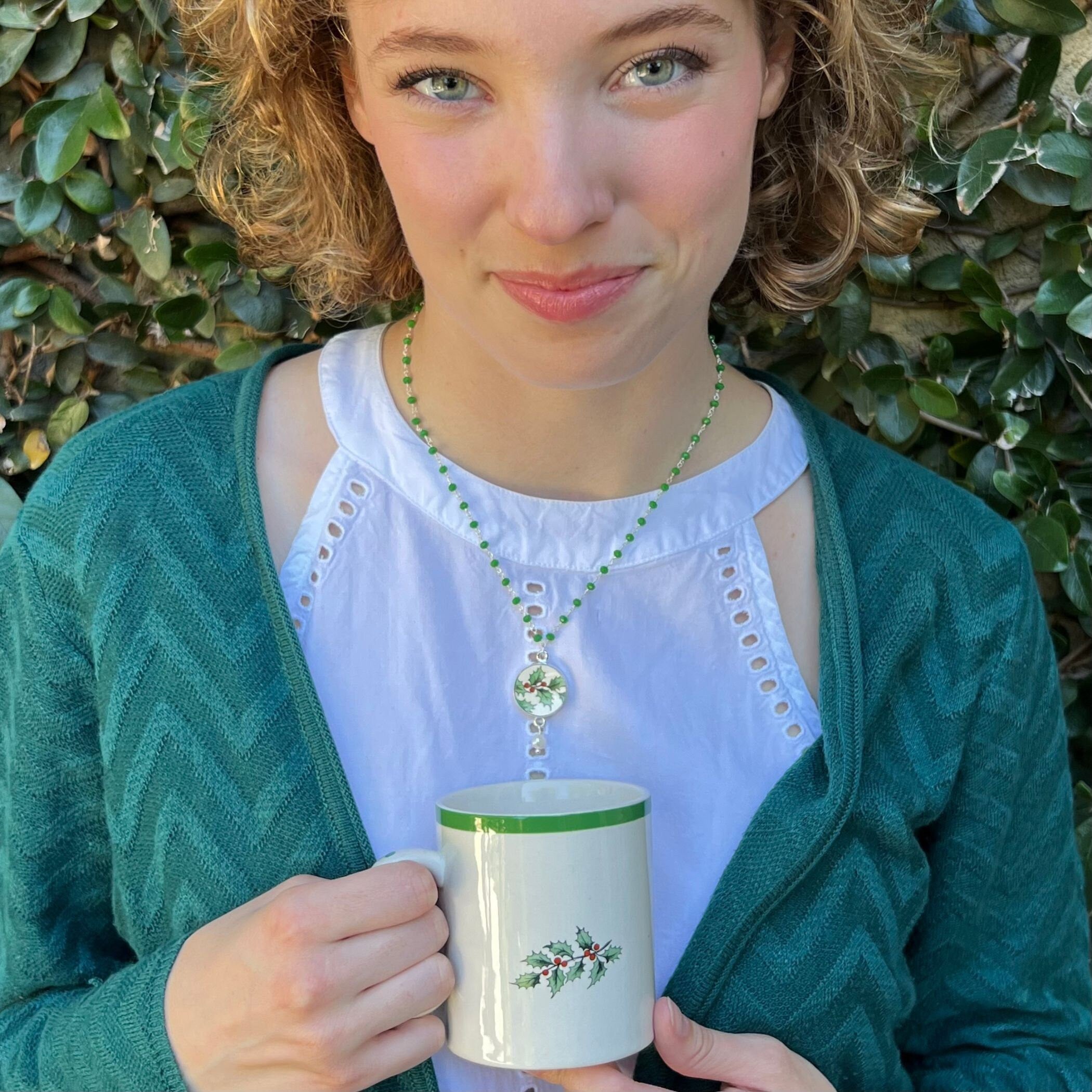 Fine Spode Christmas China Necklace with Holly China Pendant & Tiny Green Emerald Jade Chain, Broken China Jewelry for Her Favorite Holiday