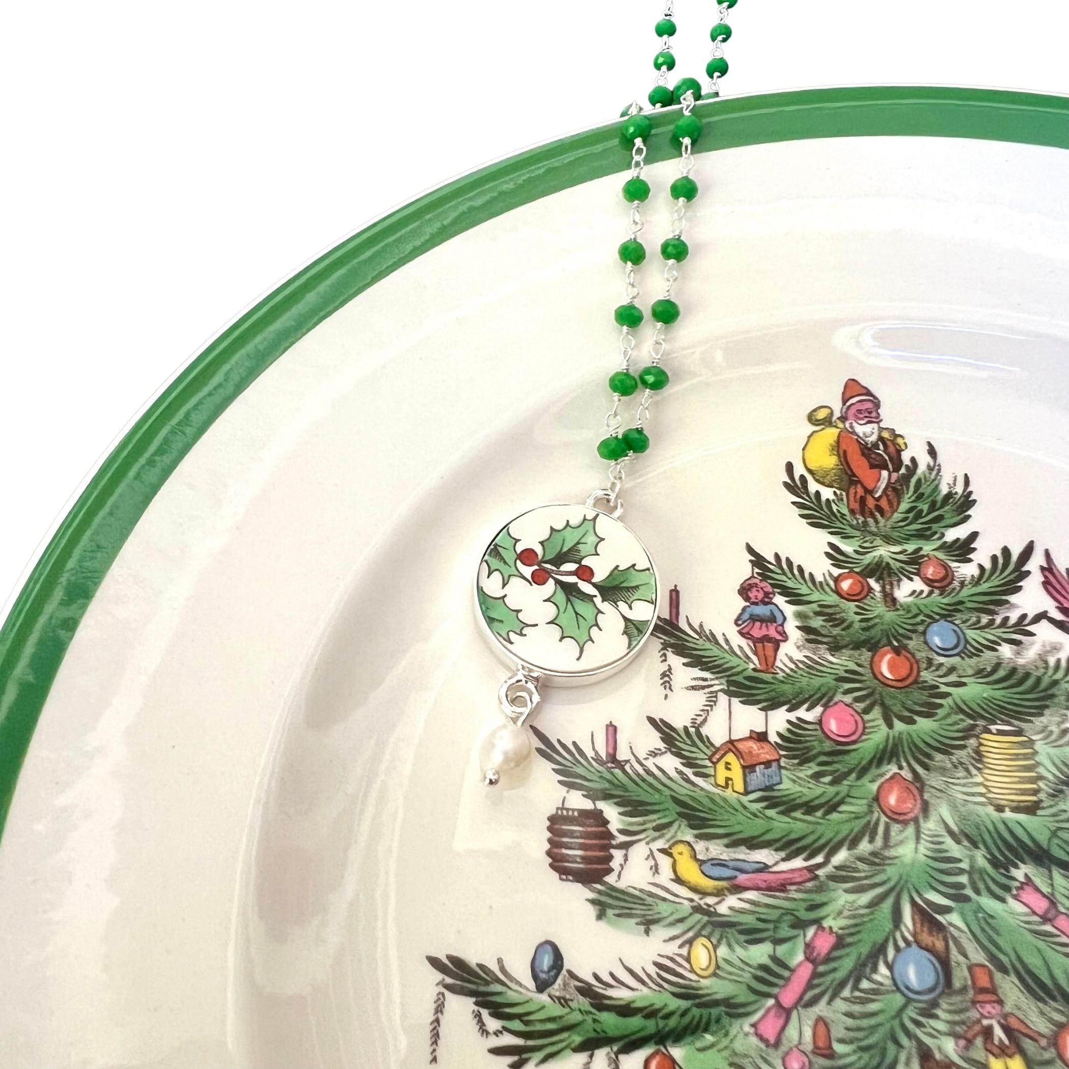 Fine Spode Christmas China Necklace with Holly China Pendant & Tiny Green Emerald Jade Chain, Broken China Jewelry for Her Favorite Holiday