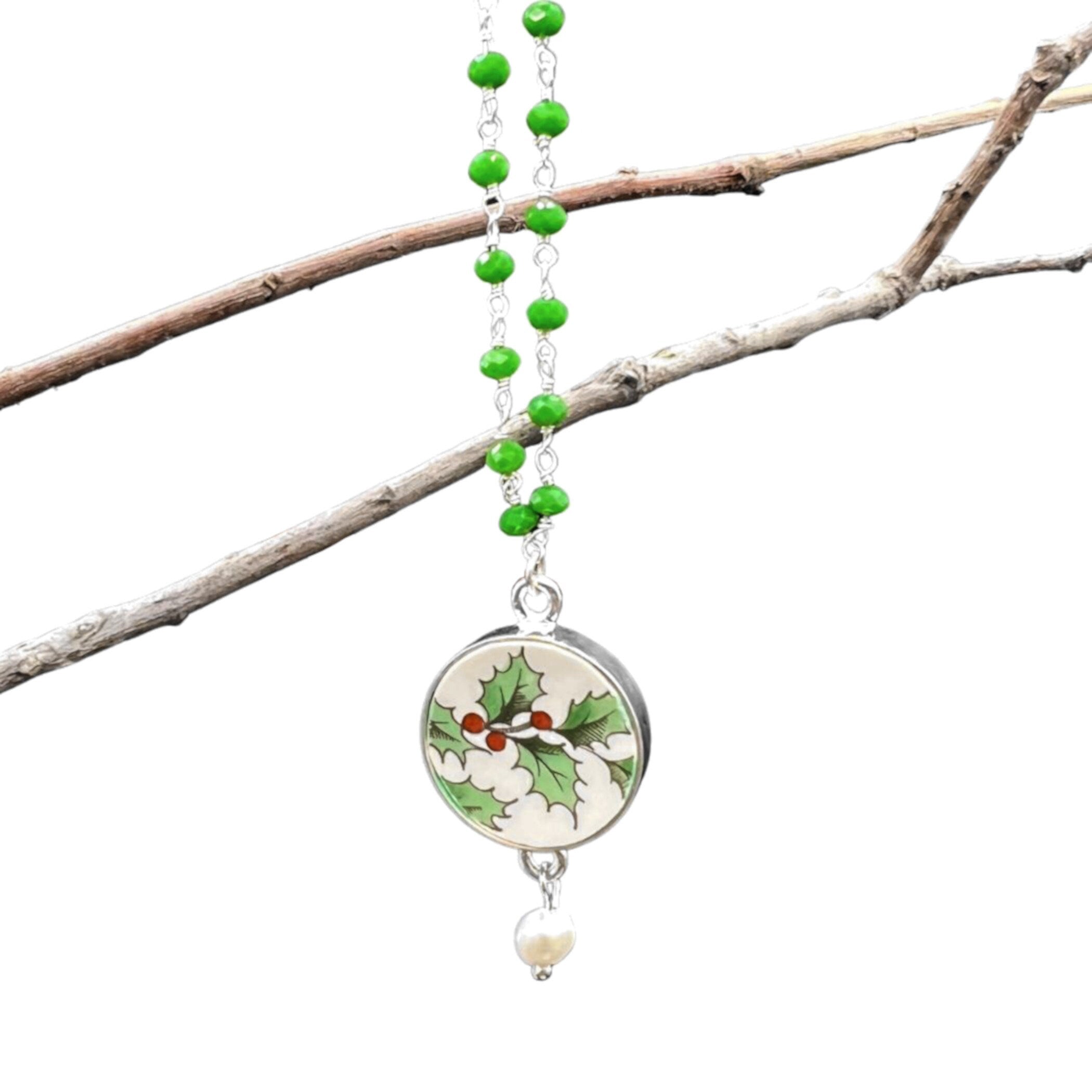 Fine Spode Christmas China Necklace with Holly China Pendant & Tiny Green Emerald Jade Chain, Broken China Jewelry for Her Favorite Holiday