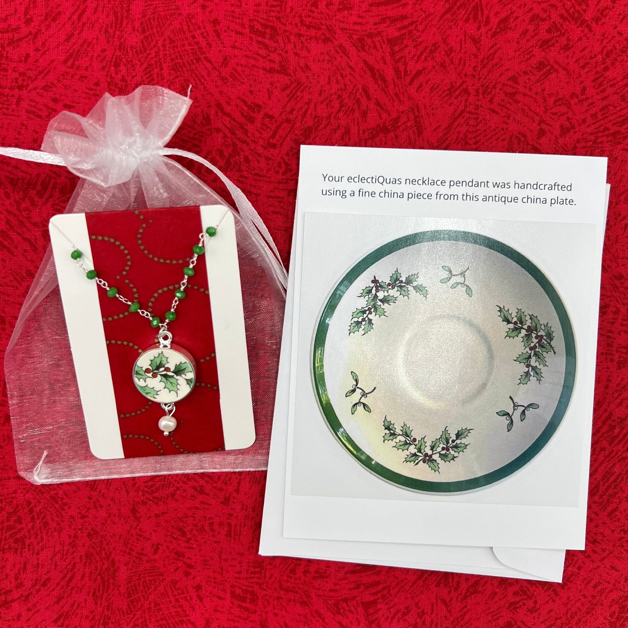 Fine Spode Christmas China Necklace with Holly China Pendant & Tiny Green Emerald Jade Chain, Broken China Jewelry for Her Favorite Holiday