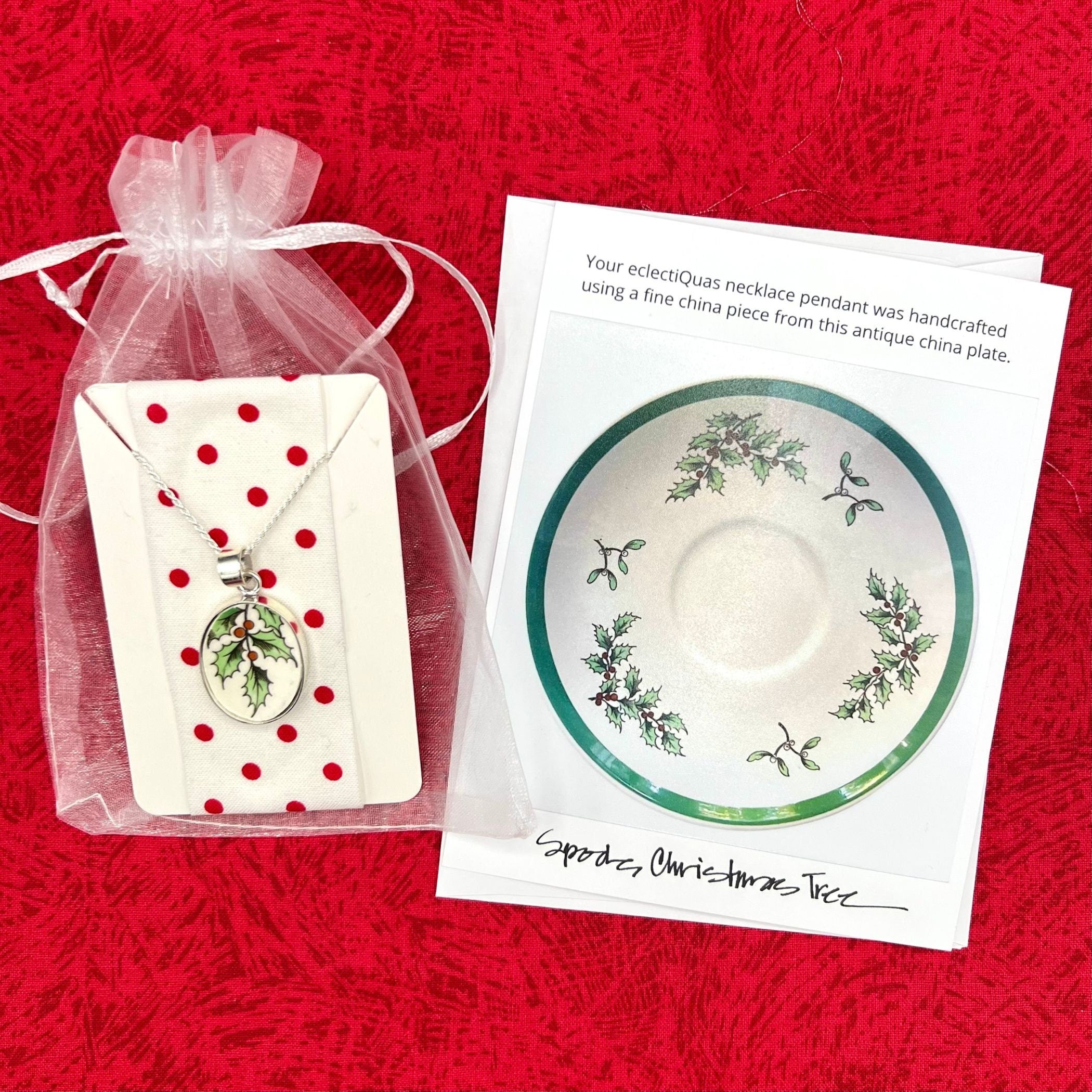 Vintage Spode Christmas Tree China Tea Cup and Saucer with Handmade Broken China Jewelry, Thoughtful Holiday China Gift for Christmas Lovers