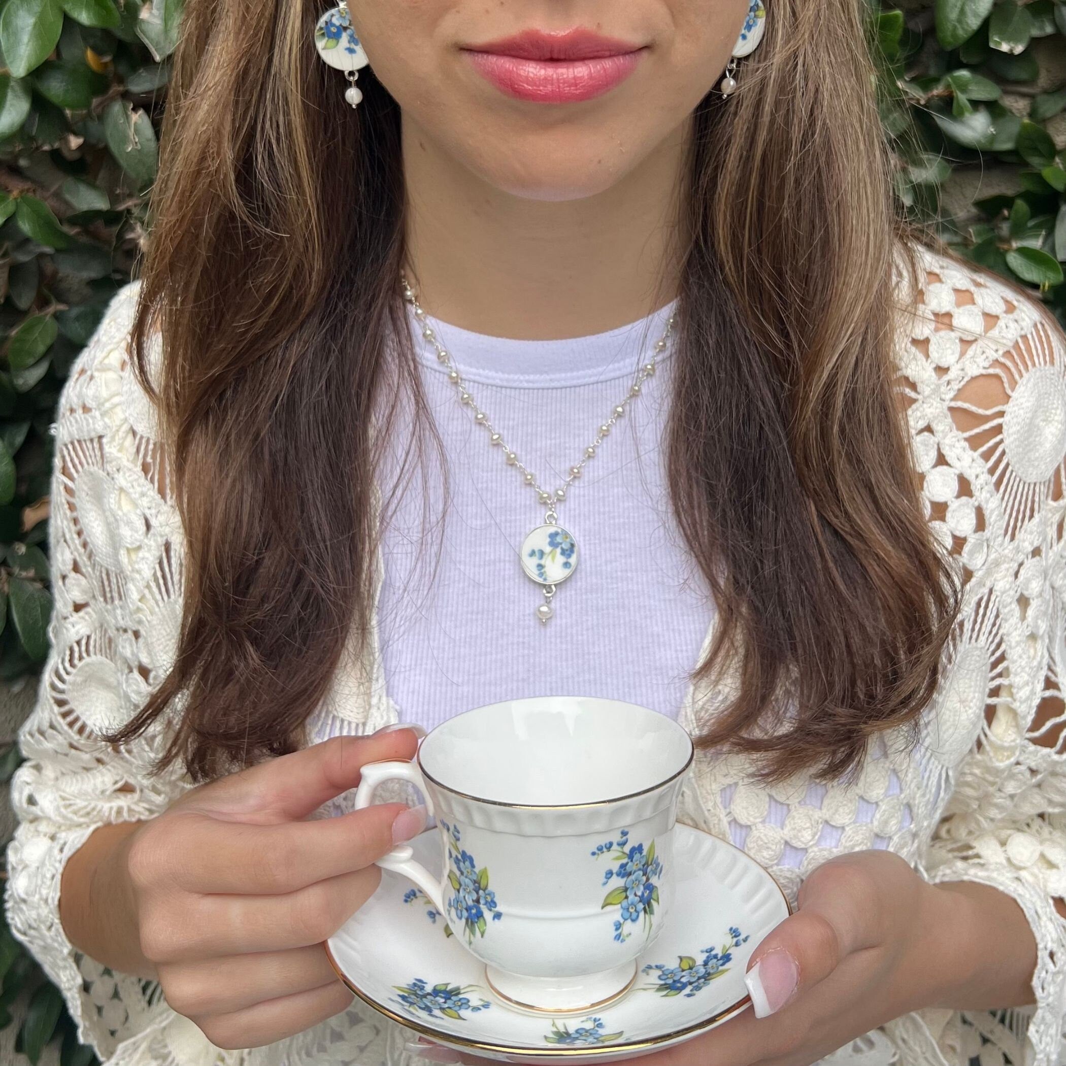 Forget Me Not Floral China Tea Cup and Saucer Set with Handmade Broken China Jewelry, Thoughtful Gift Ideas for Wife This Christmas Holiday