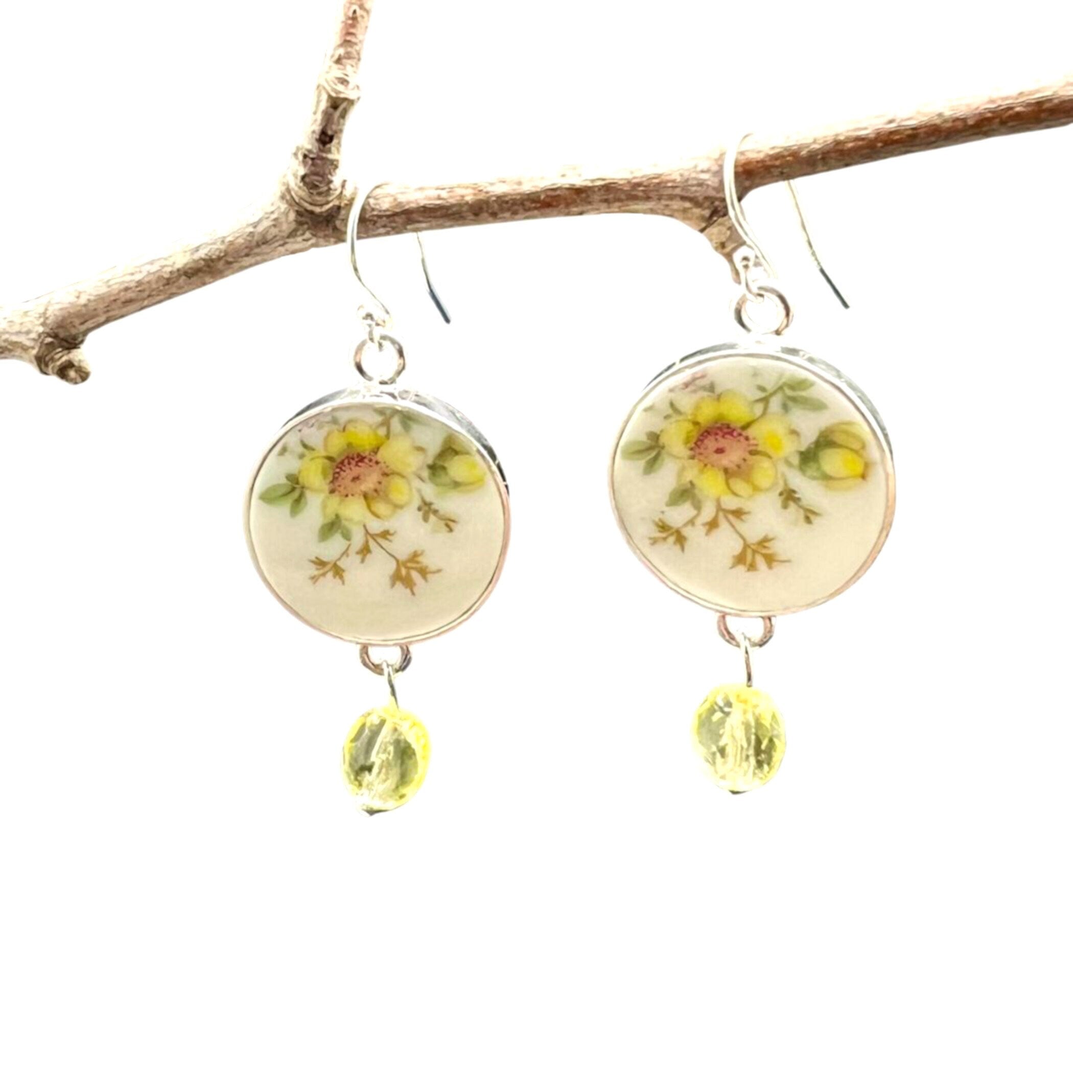 Dainty Yellow Flower China Earrings handmade with Upcycled Bavaria China with Daisy Wildflowers, Vintage Broken China Jewelry Gift for Her