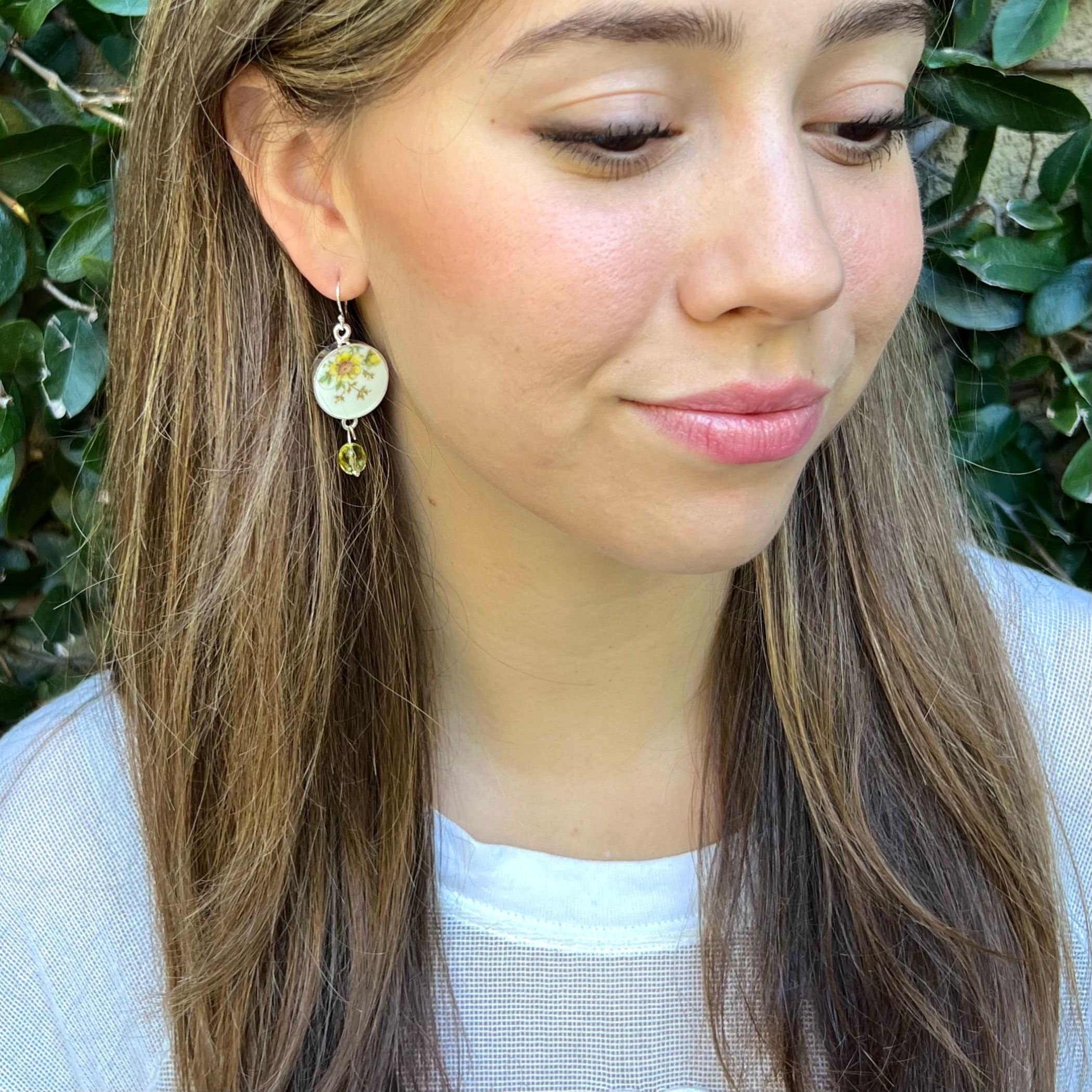 Dainty Yellow Flower China Earrings handmade with Upcycled Bavaria China with Daisy Wildflowers, Vintage Broken China Jewelry Gift for Her