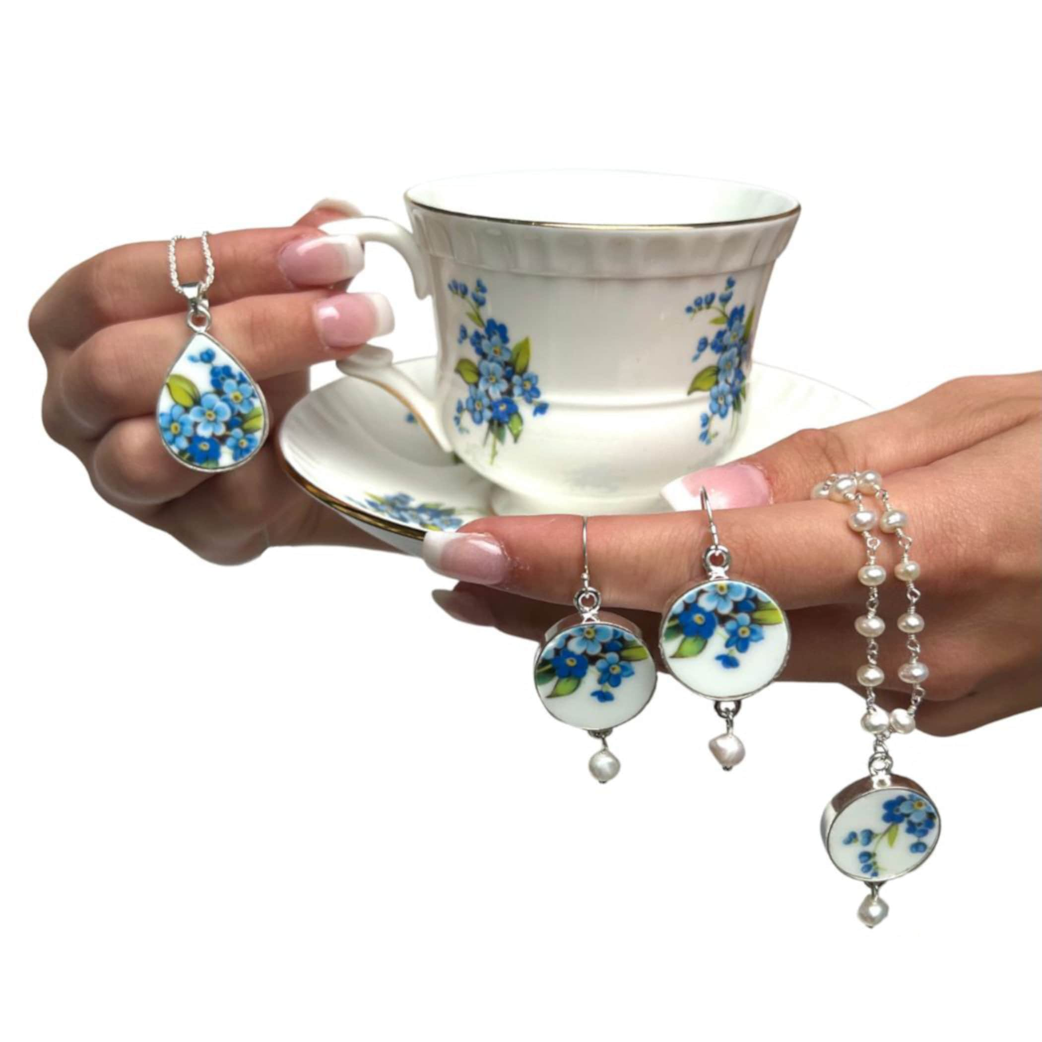 Forget Me Not Floral China Tea Cup and Saucer Set with Handmade Broken China Jewelry, Thoughtful Gift Ideas for Wife This Christmas Holiday