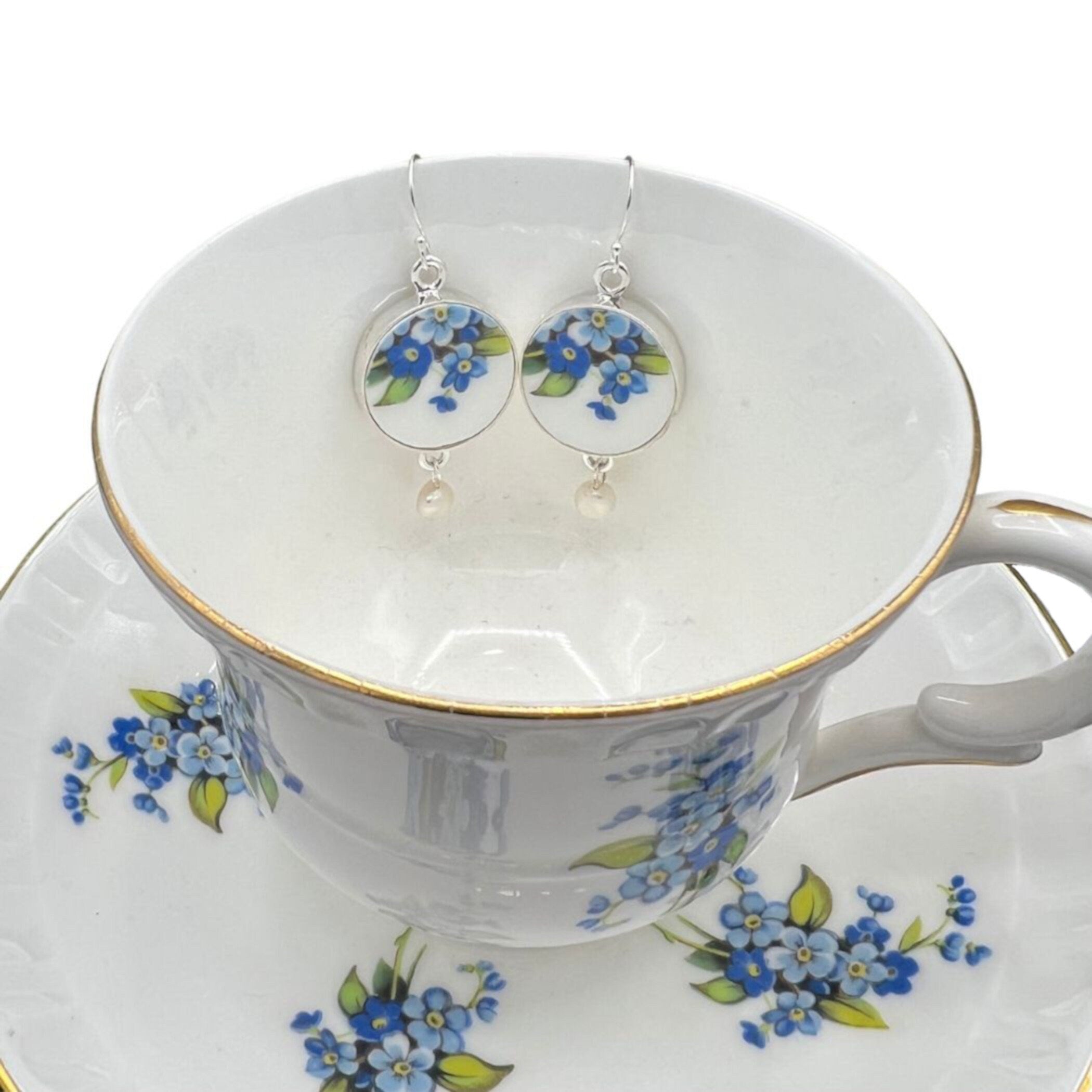 Forget Me Not Floral China Tea Cup and Saucer Set with Handmade Broken China Jewelry, Thoughtful Gift Ideas for Wife This Christmas Holiday