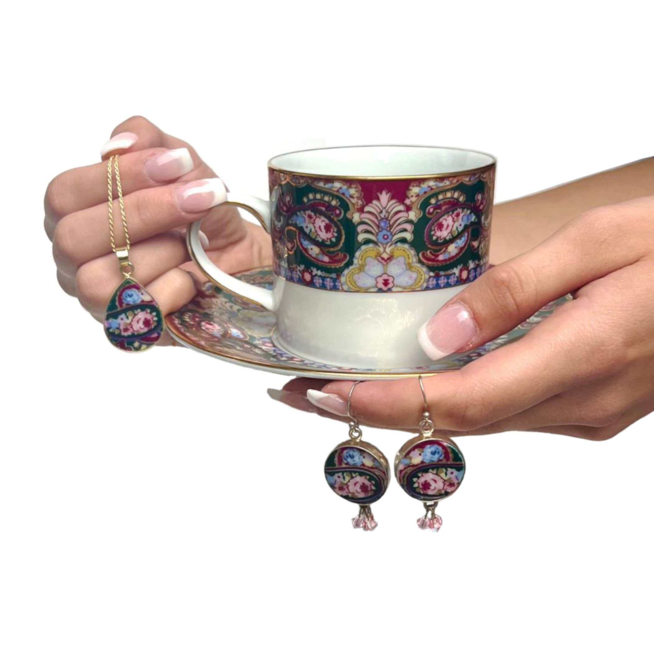 Vintage Muirfield Royal Paisley Fine Bone China Tea Cup and Saucer & Broken China Jewelry, Elegant Tea Set For One for Her This Christmas