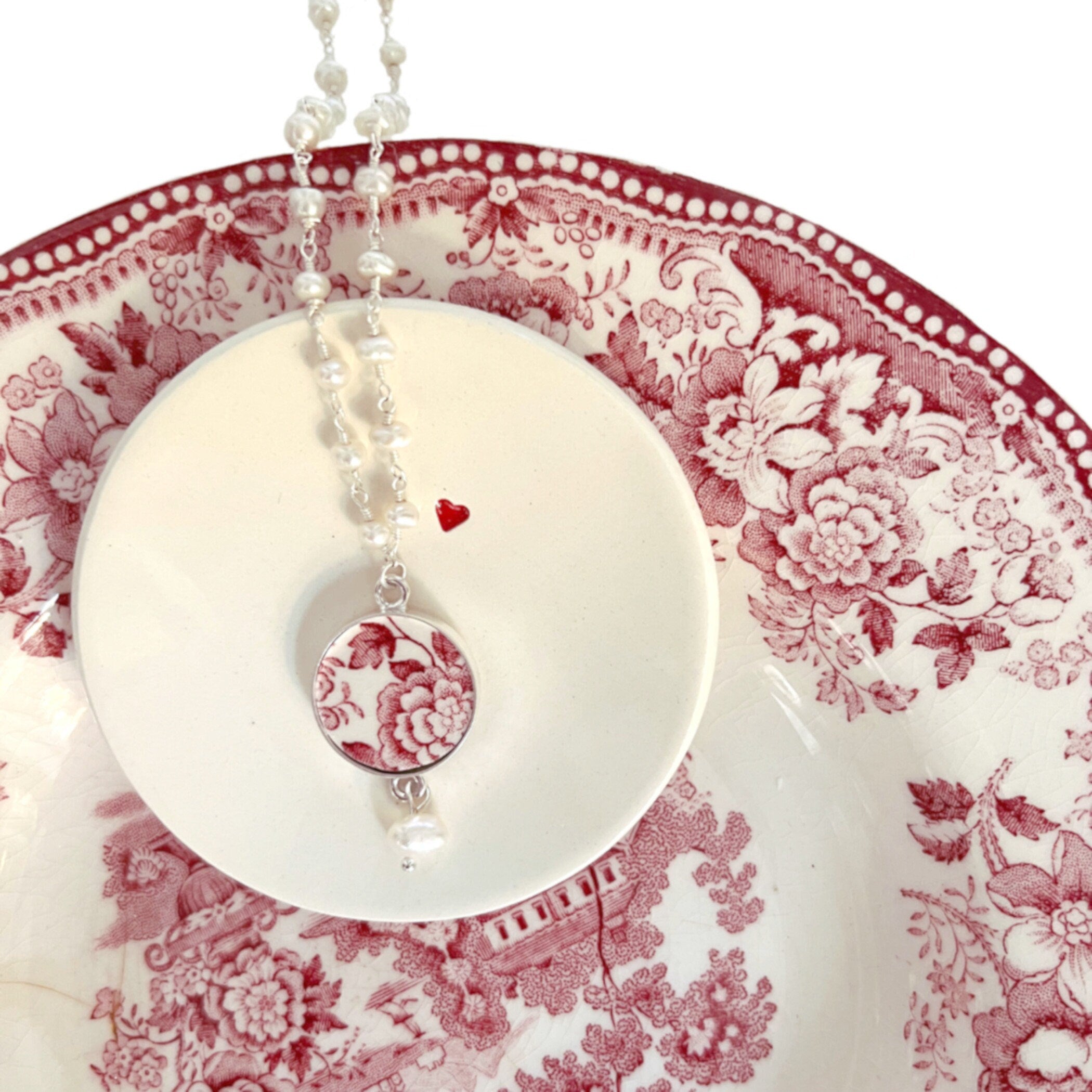 Christmas Red Chinoiserie Broken China Jewelry handmade with Repurposed China, Festive Holiday Red and White China Rose Jewelry Gift for Her