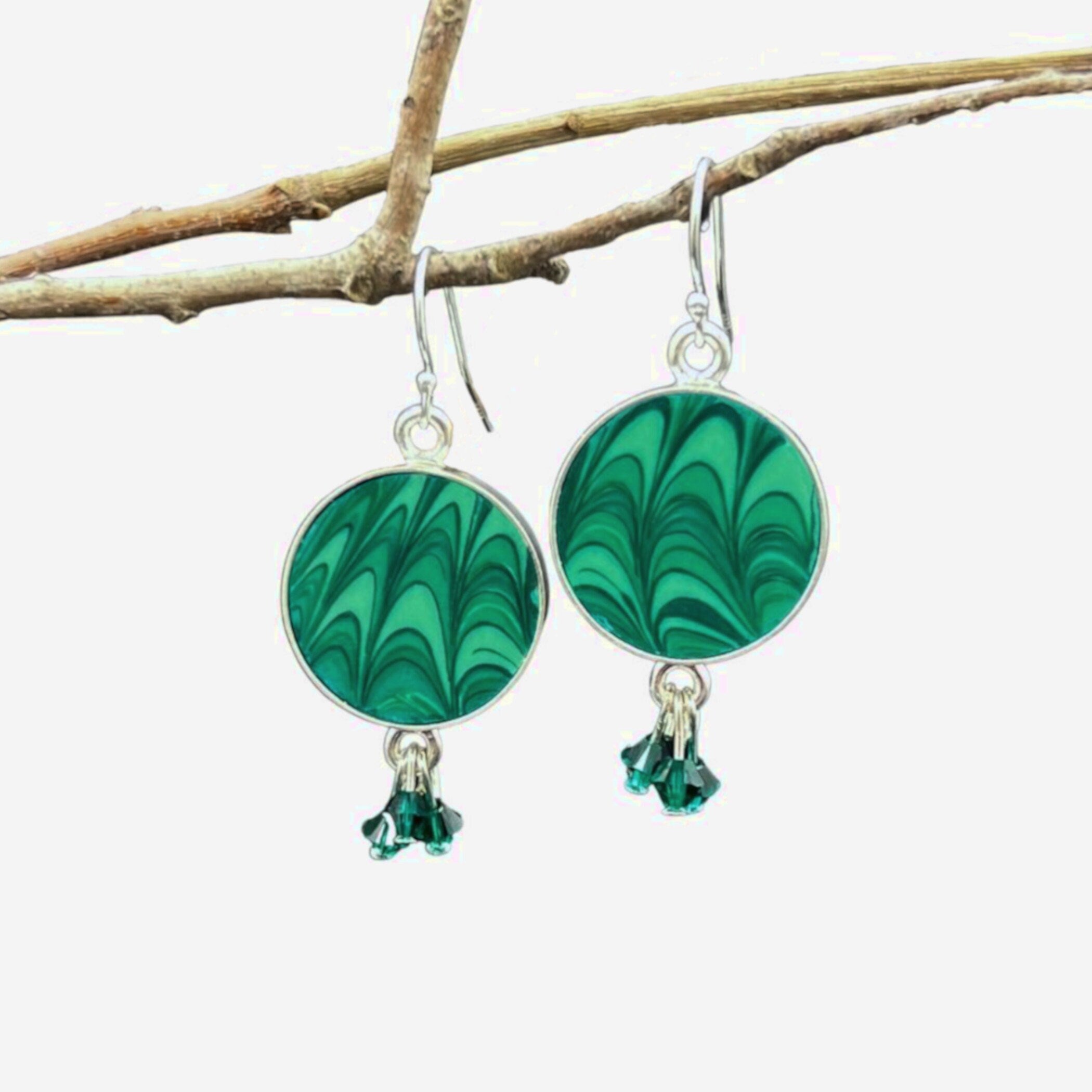 Christmas Broken China Jewelry of Deep Emerald Green Porcelain Earrings, Art Deco Marble Broken China Earring Gift For Her Winter Birthday