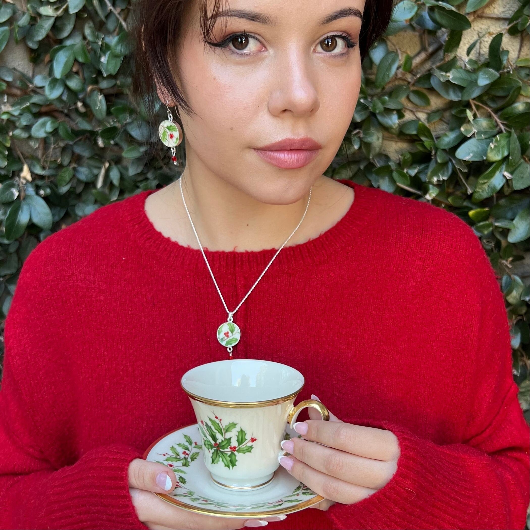 Lenox Holiday China Necklace handmade with Vintage Holly Leaf China & Tiny Red Swarovski, Christmas Broken China Jewelry Gift for Her