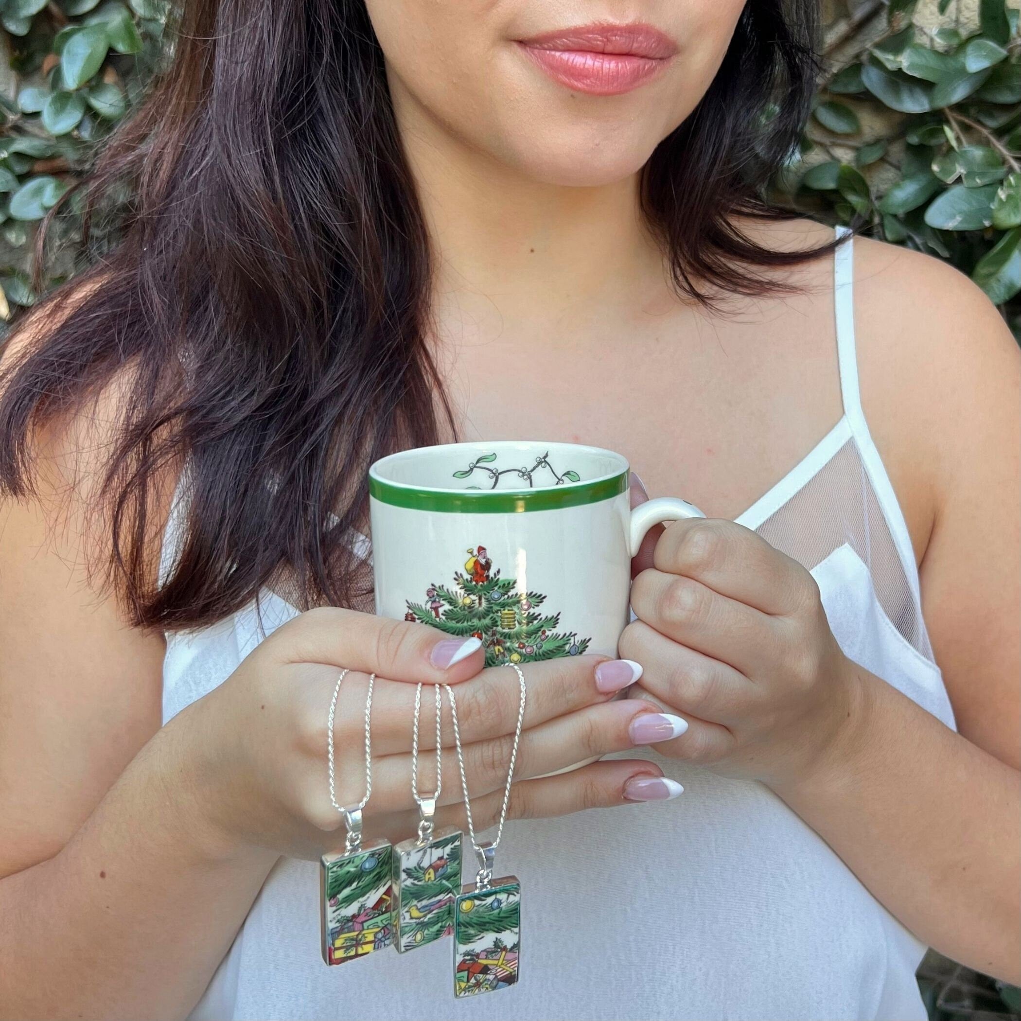 Spode Christmas Tree Broken China Jewelry Necklaces & Matching China Mug for Coffee and Tea, Vintage China Gift for Her Favorite Holiday