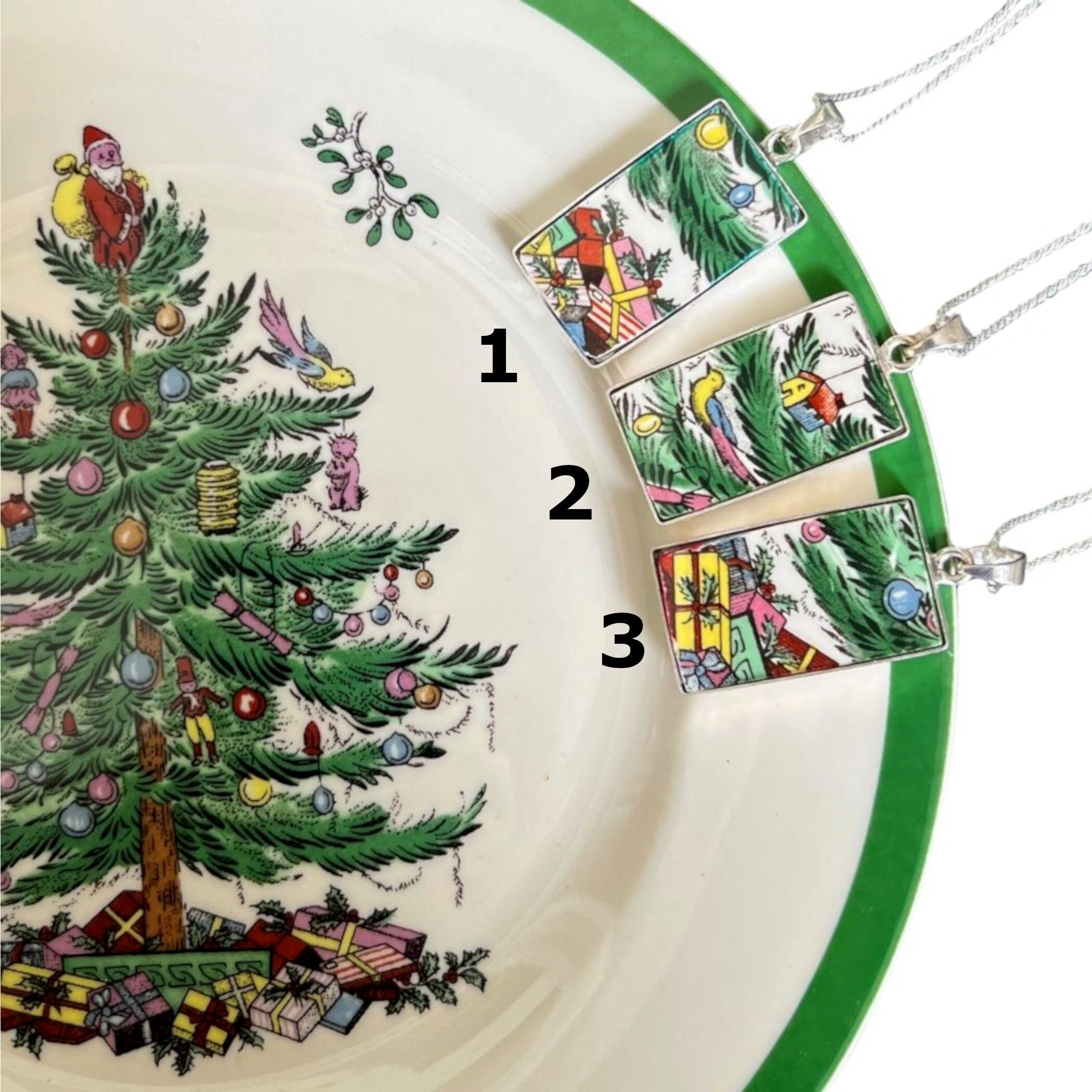 Spode Christmas Tree Broken China Jewelry Necklaces & Matching China Mug for Coffee and Tea, Vintage China Gift for Her Favorite Holiday