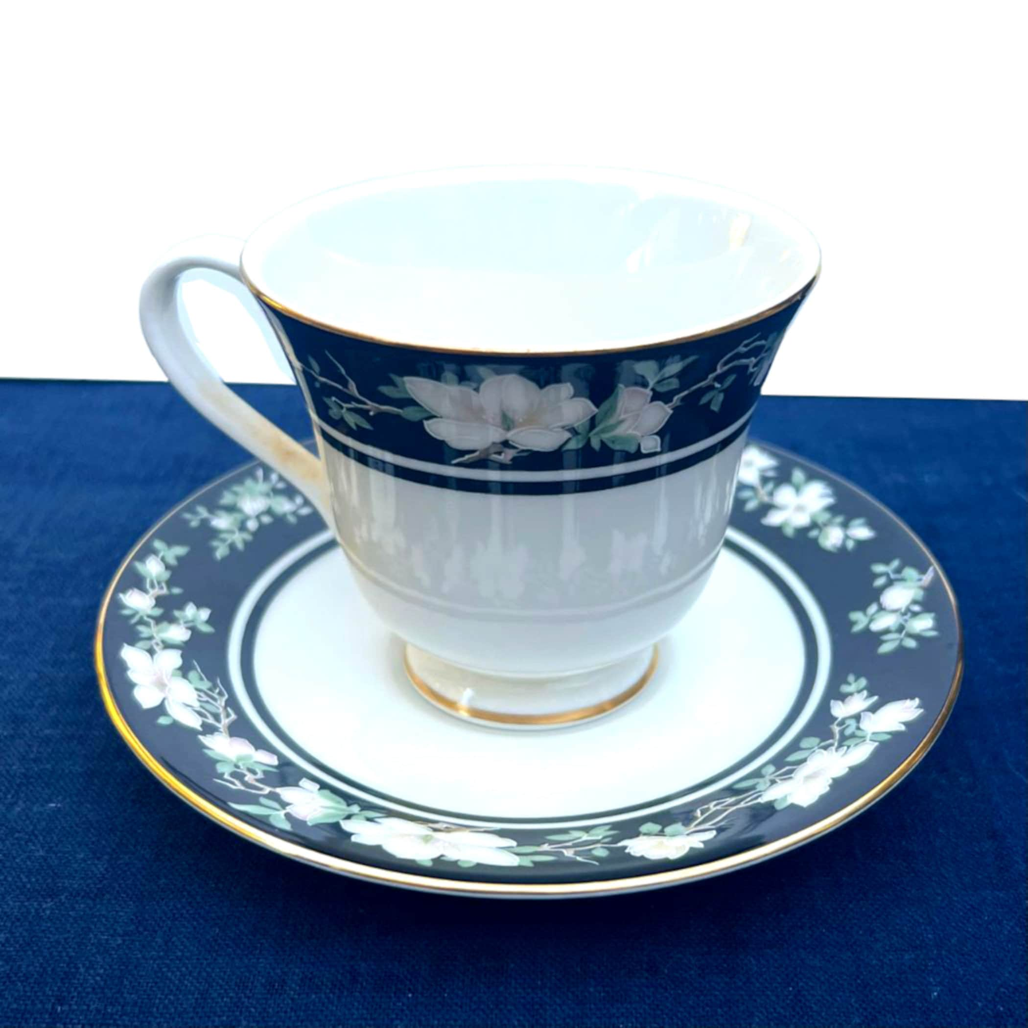 Royal Doulton Floral China Tea Cup and Saucer Set with handmade Broken China Jewelry, Elegant Tea Set for One with Black and White Flowers