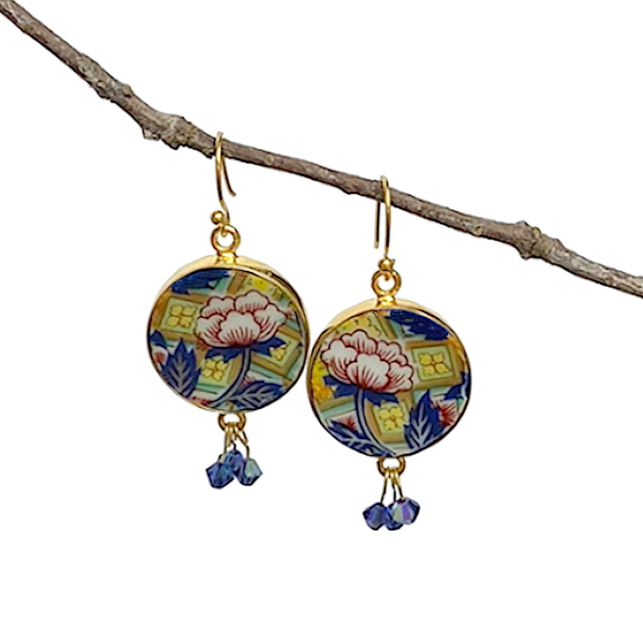 Mismatched China Dangly Earrings handmade with Japanese Imari Porcelain, Upcycled China Multi Colored Floral Jewelry Gift for Women