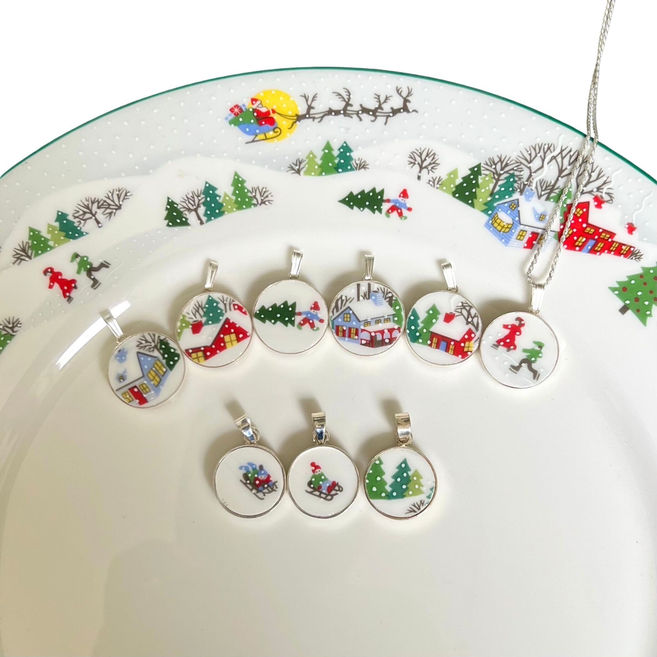 Lenox Sleighride Christmas Broken China Jewelry Necklaces handmade with Repurposed China, Upcycled Lenox Holiday China Pendant Gifts for Her