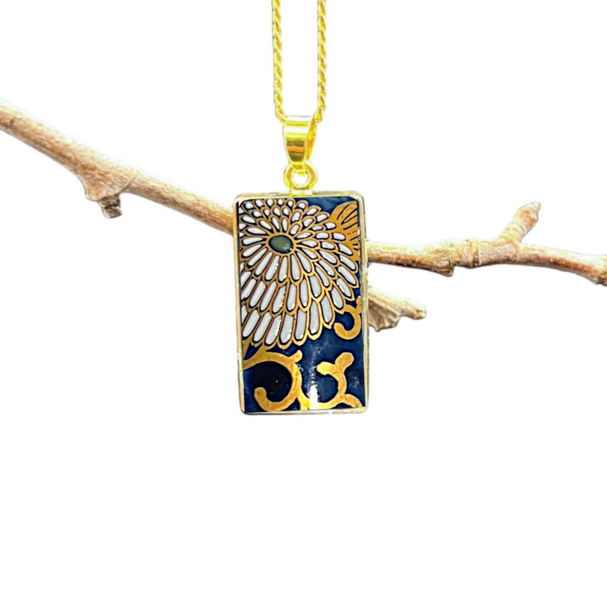 Unique Japanese Statement Necklace handmade with Gold Imari Porcelain, Vintage Arita Yaki Rectangle Floral Pendant Gift for Her Birthday