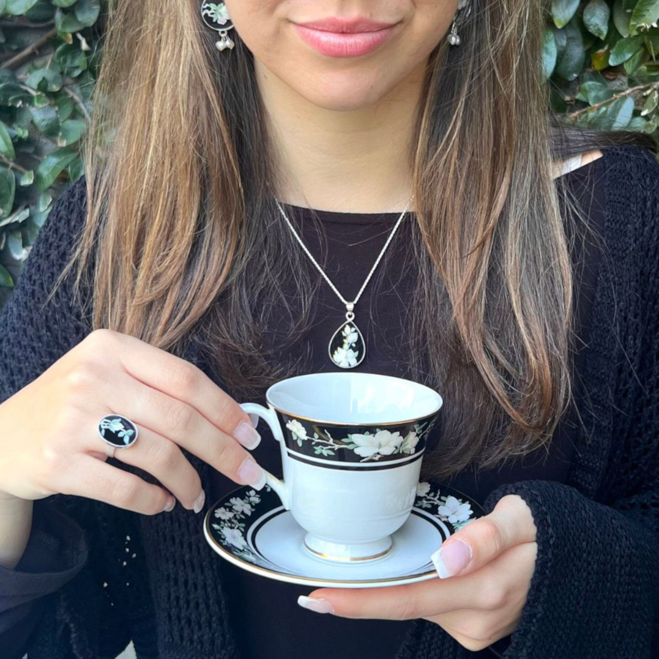 Royal Doulton Floral China Tea Cup and Saucer Set with handmade Broken China Jewelry, Elegant Tea Set for One with Black and White Flowers