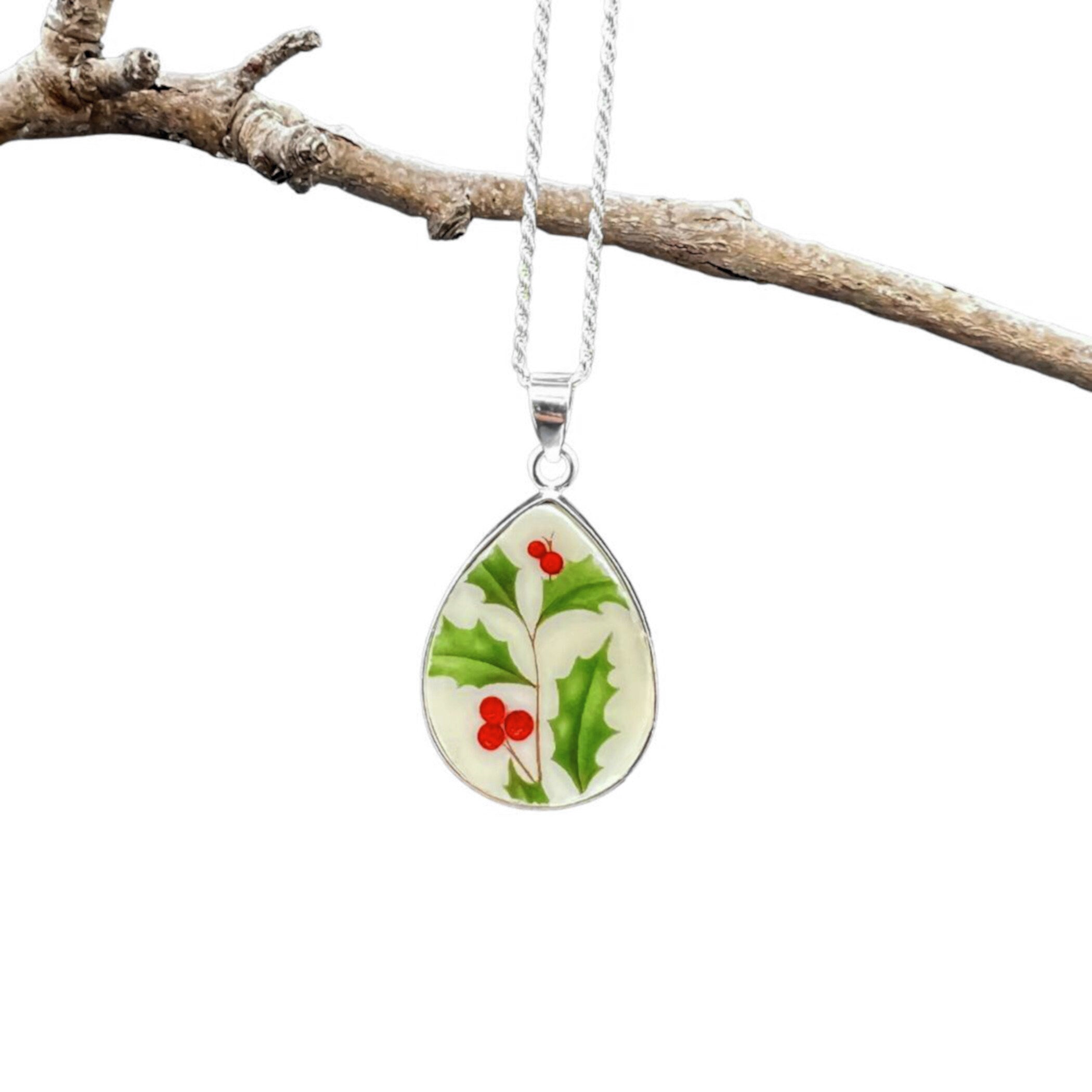 Christmas Broken China Jewelry Holly Necklace handmade with Vintage Lenox Holiday China, Festive Holiday China Pendant Gift for Women