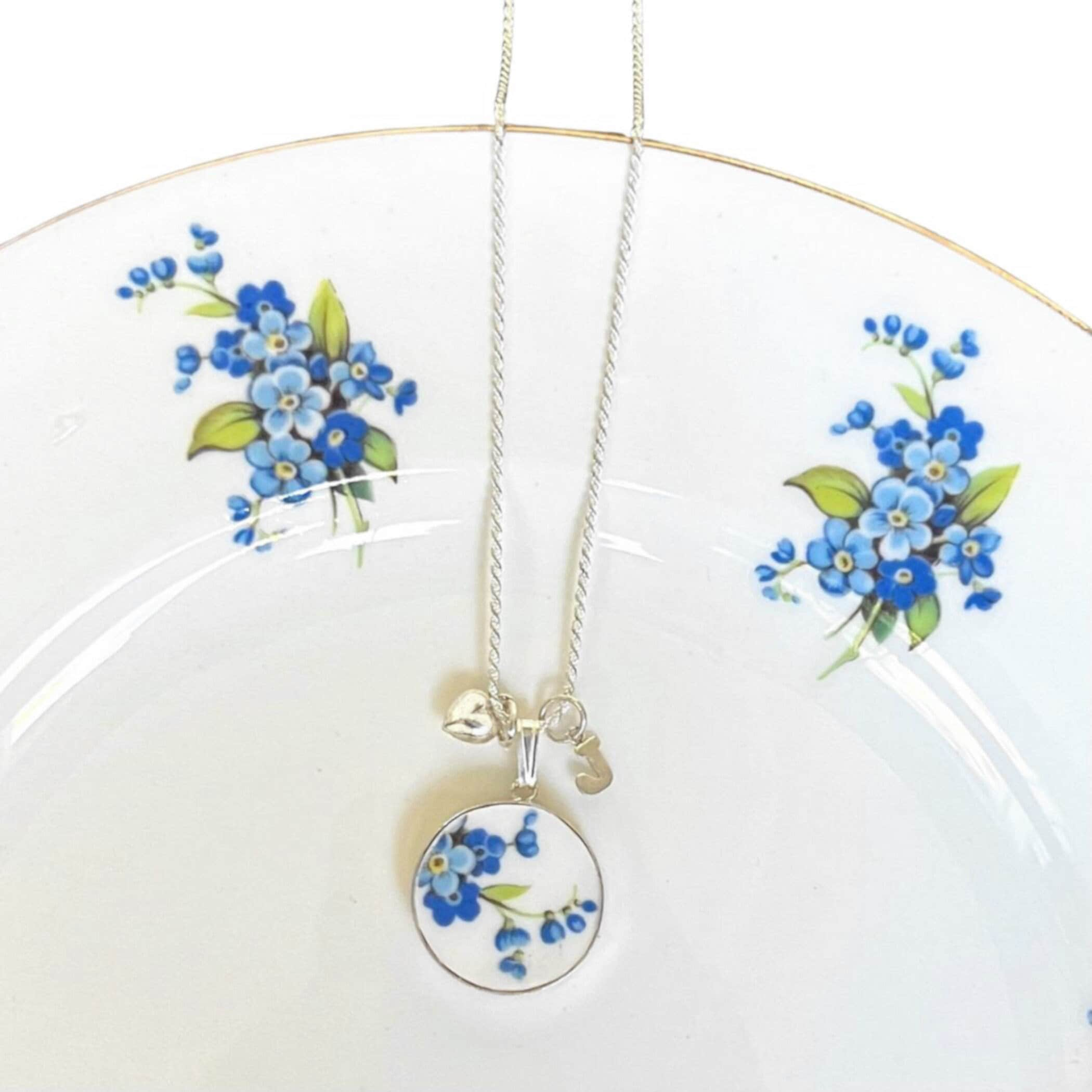 Vintage Forget Me Not China Necklace with Sterling Silver Initial Letter & Heart Charm, Personalized Broken China Jewelry Gift for Women