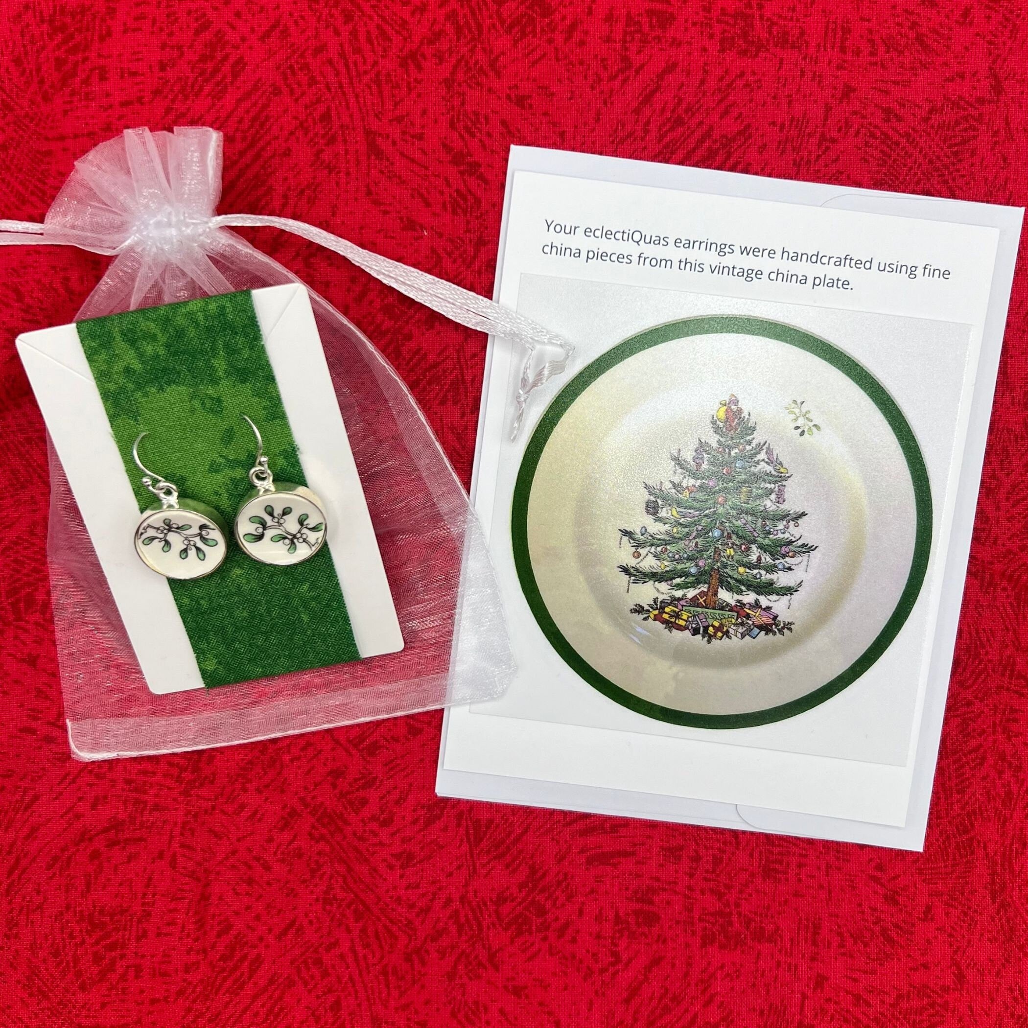 Mistletoe Earrings handmade with Upcycled Spode Christmas Tree China & Sterling Silver, Broken China Jewelry Gift for Her Holiday Nostalgia