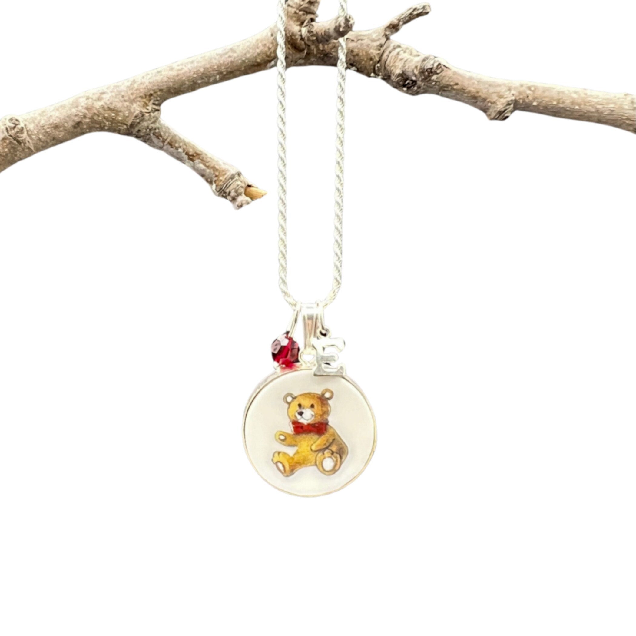 Valentines Teddy Bear Necklace handmade with Upcycled Porcelain & Sterling Silver Initial Letter Charm, Personalized Broken China Jewelry