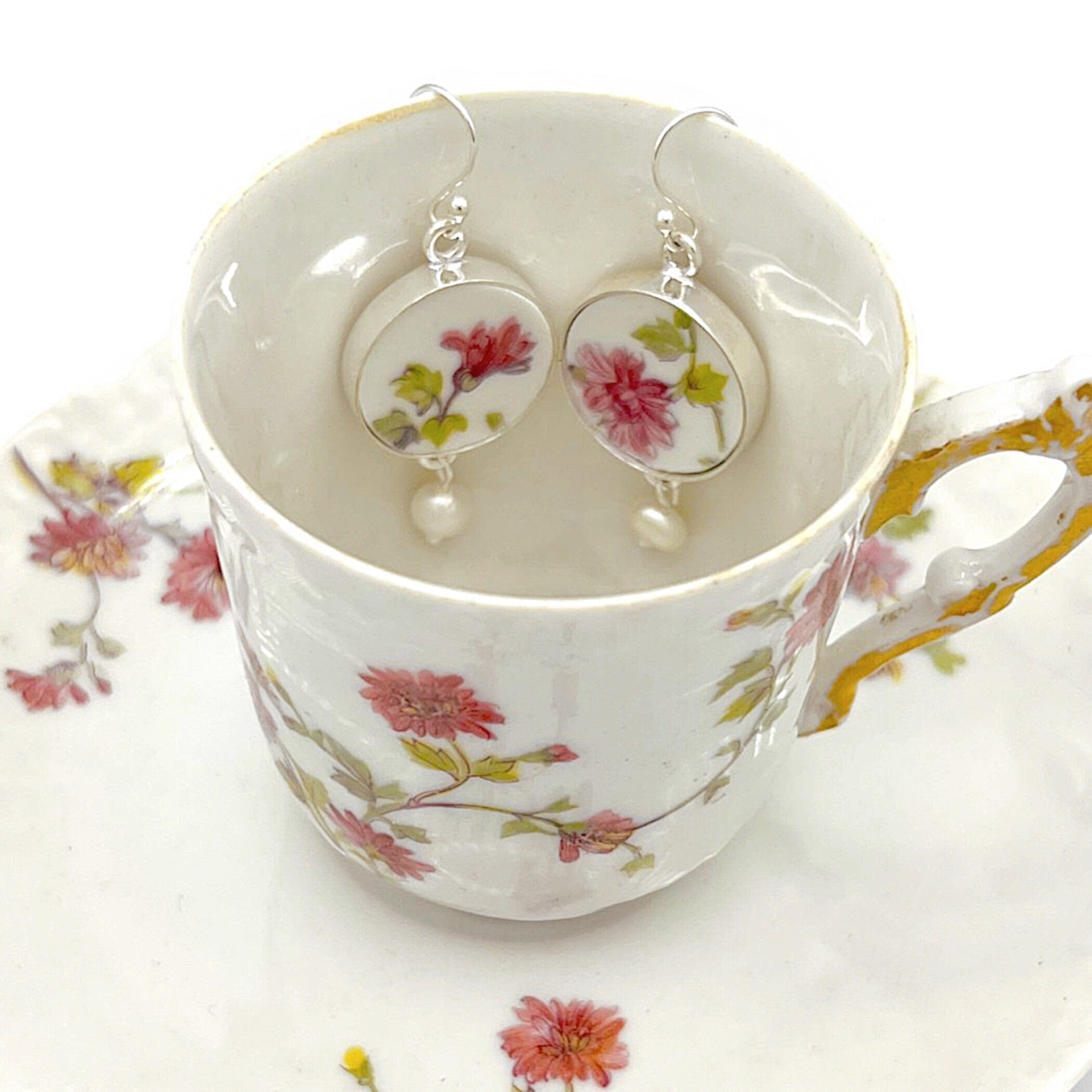 French Limoges China Earrings handmade with Mismatched Floral Upcycled Porcelain, Vintage French Provincial Broken China Jewelry Gifts